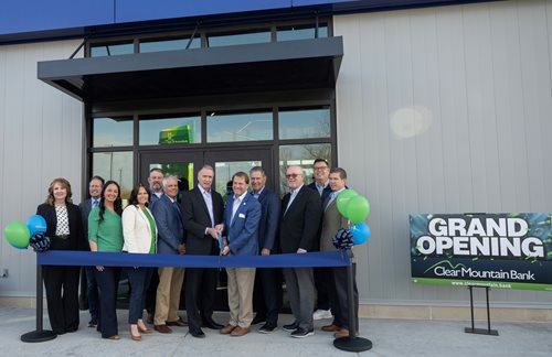 Pictured, from left are Melissa Cumpston, Clear Mountain Bank Director of Professional Banking; Tom Bloom, Monongalia County Commissioner; Carmen Pennington, Clear Mountain Bank Suncrest & Pierpont Branch Manager; Susan Foley, Clear Mountain Bank VP/Director of Sales and Service for Retail Banking; Michael Mills, Managing Principal of Mills Group; Bill Weissgerber, Clear Mountain Bank Board Member; Roger Hardesty, Clear Mountain Bank Board Chairman; David Thomas, Clear Mountain Bank President & CEO; Glenn Adrian, Clear Mountain Bank Board Member; Russ Rogerson, CEO Morgantown Area Partnership; Mike Oliverio, Senator for the WV State Senate-District 13 Mon & Marion Counties; and Jamie Ridgeway, President of March Westin